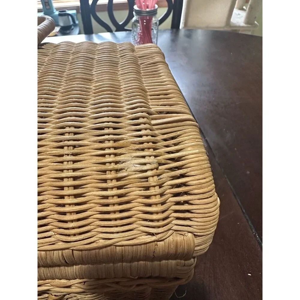 Vintage Woven Wicker Picnic Basket Large Domed Lid Storage Box Double Handles